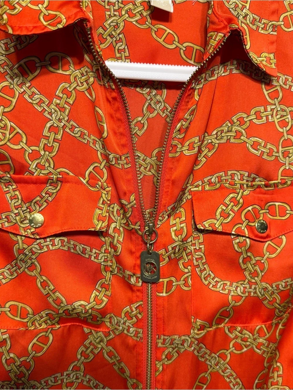 Michael Kors Orange Chain Tie Logo 3/4 Zip Popover Top
